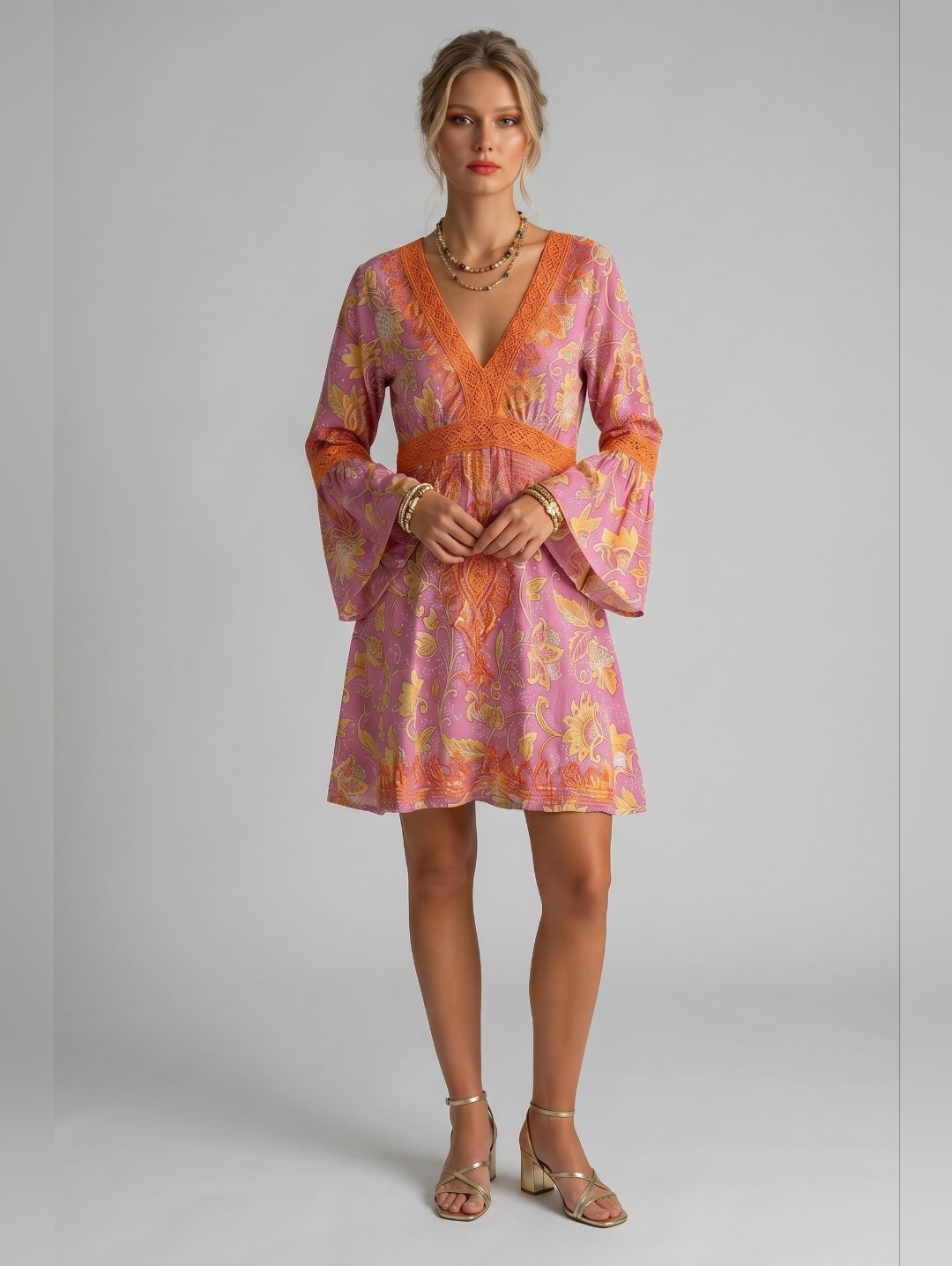 Debbie Katz South Beach Pink Orange Embroidered Boho Floral Dress | Bell Sleeves